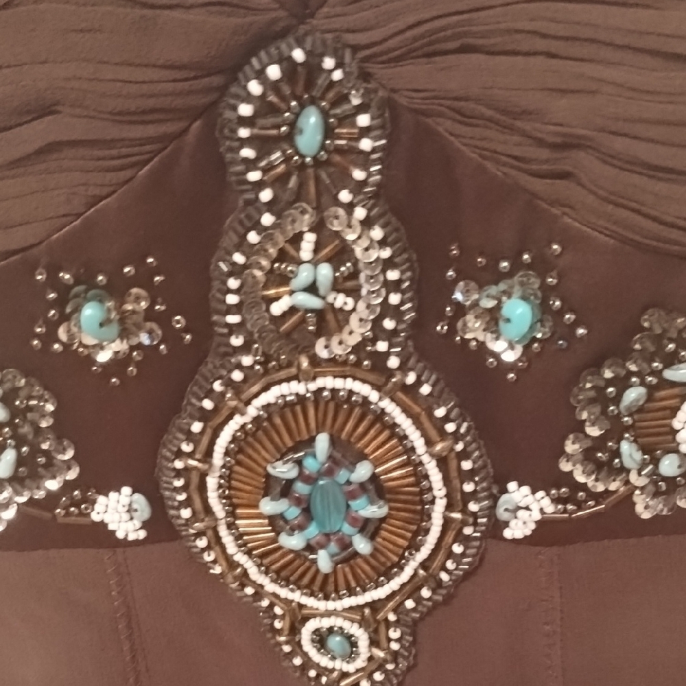 Elegant Brown Sue Wong 100% Silk Halter Dress - Picture 6 of 16